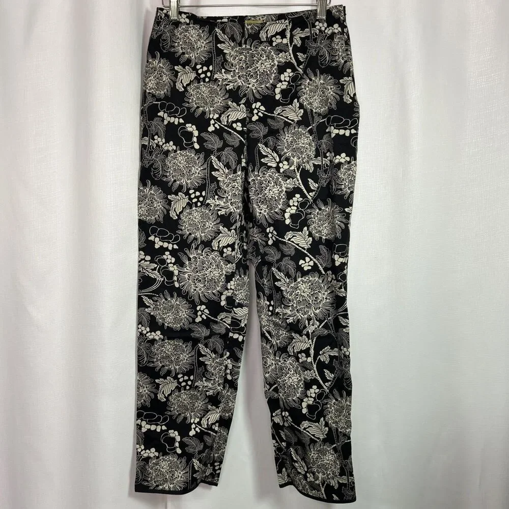 Caslon Cotton Blend Pants Women’s 4P Black Grey Floral Flat Front Side Zip